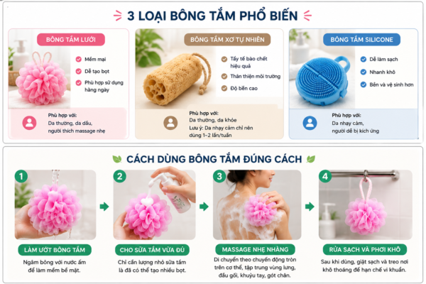 3 loại bông tắm phổ biển và cách dùng